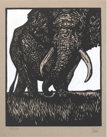 画像: Elephant（ゾウ）リノリウム版画